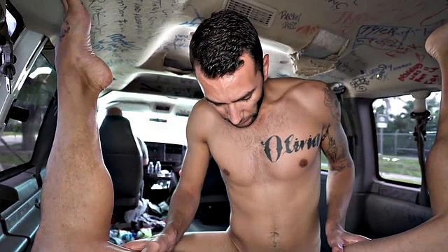 Fooled stud with tattoos fucks gay ass outdoors in van