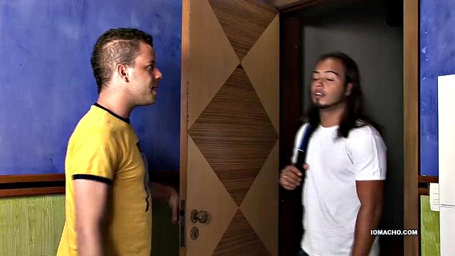 We join Matheus as he enjoys a blow job from Sandro, who does his best to pleasure that uncut cock. Then Sandro takes a licking, before hopping on Matheus for a raw ride on his monster.