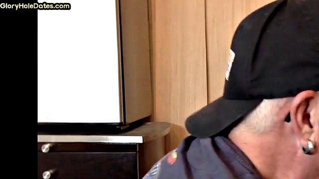 Homemade gloryhole DILF gets fucked after sucking