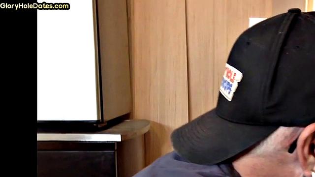 Homemade gloryhole DILF gets fucked after sucking