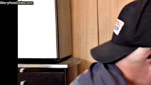 Homemade gloryhole DILF gets fucked after sucking