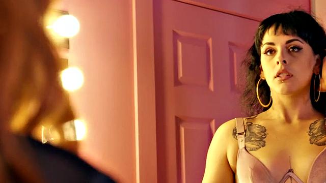 Redhead busty TS pussyfucks GF in makeup room