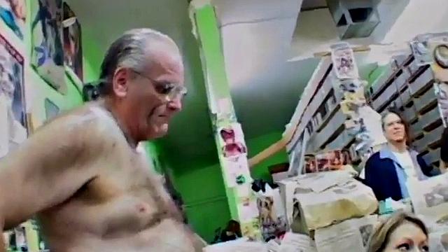 Hot blonde sucks off fat oldman cock