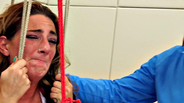 Hogtied sub riding dildo