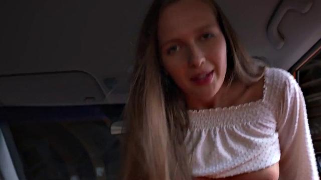 Busty babe with natural boobs fucked in car outdoor
