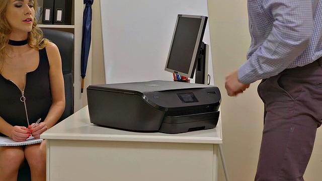 Agent in high heels gives and takes in office