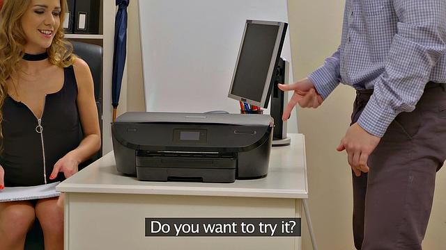 Agent in high heels gives and takes in office