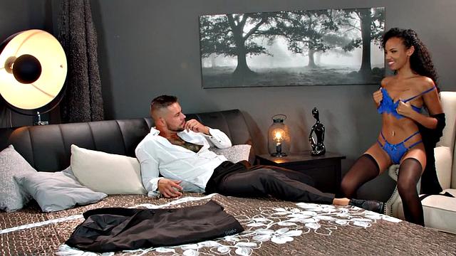 Black lingerie babe stripping before kinky sex