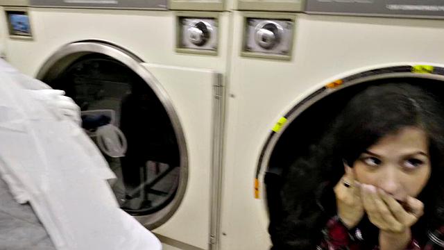 Hot Latina gets her face splattered with cum in a laundromat reverse cowgirl fuck