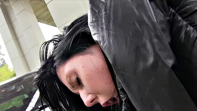 Tattooed brunette trades lift for quick fuck in public car action