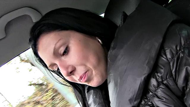 Tattooed brunette trades lift for quick fuck in public car action