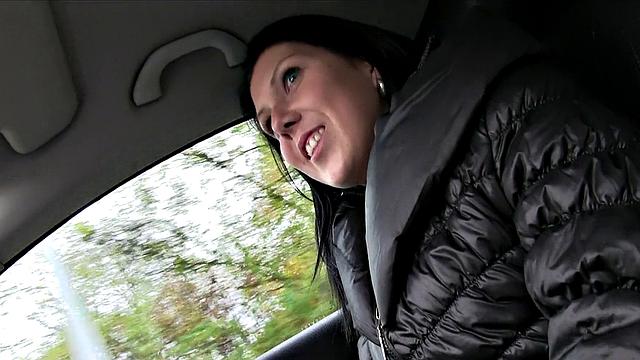 Tattooed brunette trades lift for quick fuck in public car action