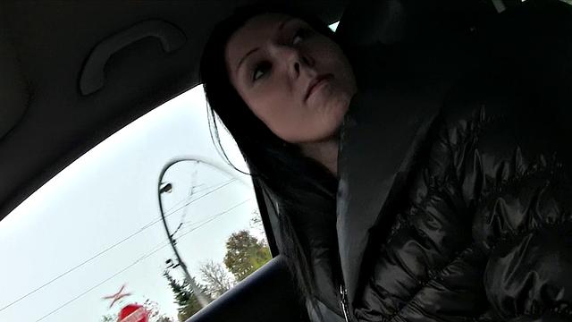 Tattooed brunette trades lift for quick fuck in public car action