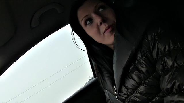 Tattooed brunette trades lift for quick fuck in public car action