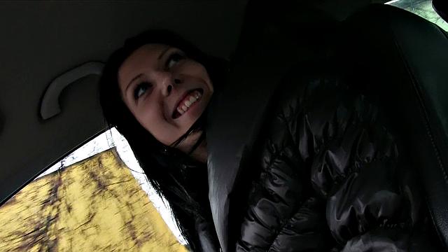 Tattooed brunette trades lift for quick fuck in public car action