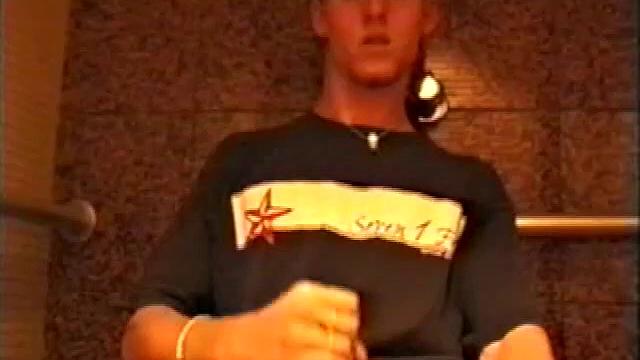 At first we watch shirtless Adam do some skateboarding tricks. Then, when he gets really horny, the young man skates off to a public restroom where he jerks off in one of the big stalls.