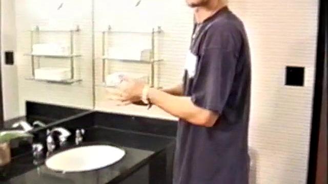 At first we watch shirtless Adam do some skateboarding tricks. Then, when he gets really horny, the young man skates off to a public restroom where he jerks off in one of the big stalls.