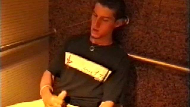 At first we watch shirtless Adam do some skateboarding tricks. Then, when he gets really horny, the young man skates off to a public restroom where he jerks off in one of the big stalls.