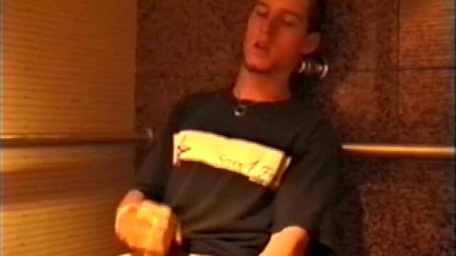 At first we watch shirtless Adam do some skateboarding tricks. Then, when he gets really horny, the young man skates off to a public restroom where he jerks off in one of the big stalls.