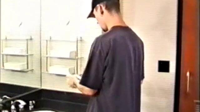 At first we watch shirtless Adam do some skateboarding tricks. Then, when he gets really horny, the young man skates off to a public restroom where he jerks off in one of the big stalls.