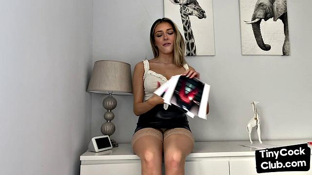 Fem bae in stockings talks dirty about small white cocks