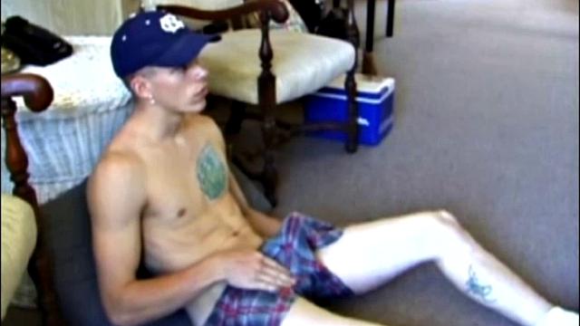 Taking a break from yard work, Shane strips naked and starts stroking his cock. While working the TV remote, Shane edges himself toward the big finish.