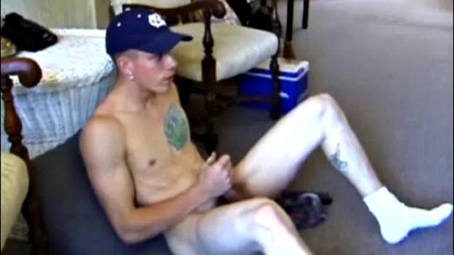 Taking a break from yard work, Shane strips naked and starts stroking his cock. While working the TV remote, Shane edges himself toward the big finish.