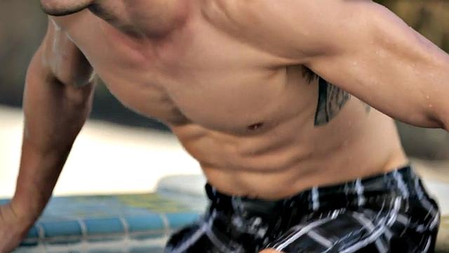 Shaved amateur plays with his shaft outdoors