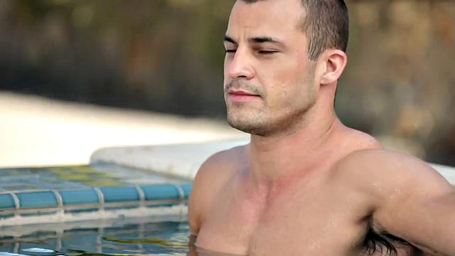 Shaved amateur plays with his shaft outdoors