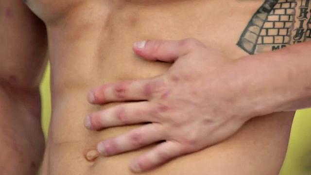 Shaved amateur plays with his shaft outdoors