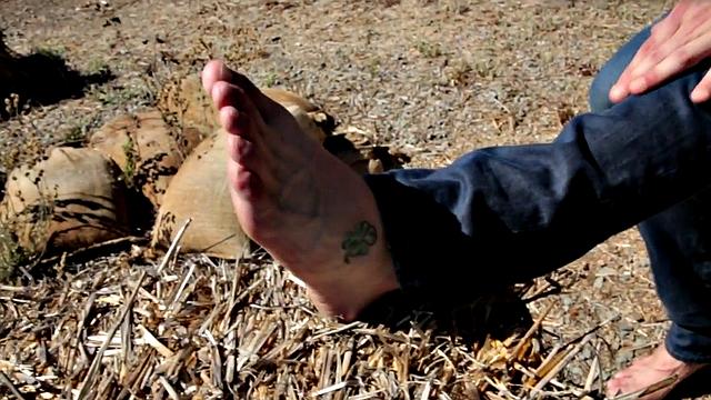 Shaved amateur plays with his shaft outdoors