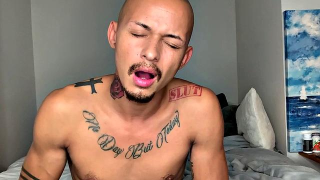 Parked on his bed, Joseph slowly starts stripping out of his clothes. Down to his boxers, he pulls out his huge cock and balls, and begins working up a stiff one. Once hard, the young Latino gets completely naked and starts beating off.