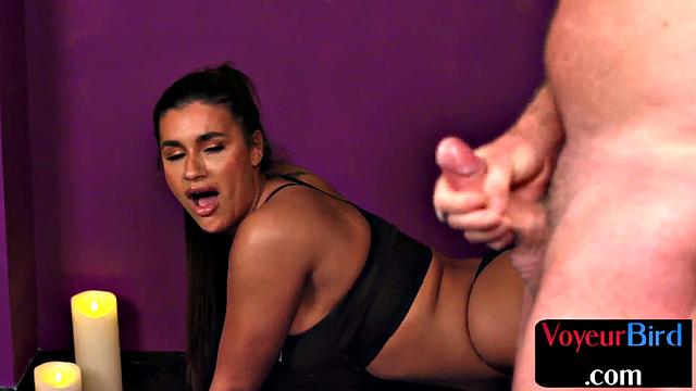 Flexible yoga voyeur enjoys handjob show