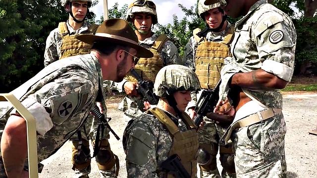 Black army bottom fucked while sucking in 3way outdoors