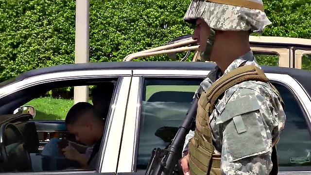 Black army bottom fucked while sucking in 3way outdoors