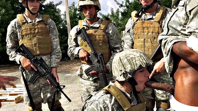 Black army bottom fucked while sucking in 3way outdoors