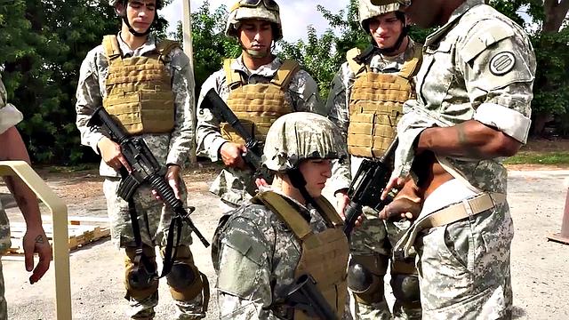 Black army bottom fucked while sucking in 3way outdoors