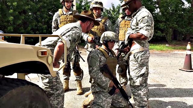 Black army bottom fucked while sucking in 3way outdoors