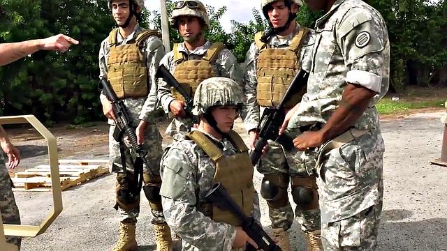 Black army bottom fucked while sucking in 3way outdoors