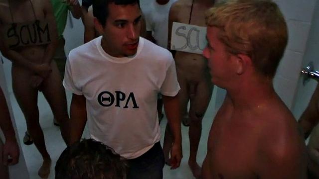 Straight stud public fucked in shower room for voyeur frat