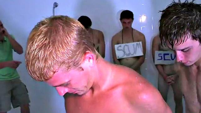 Straight stud public fucked in shower room for voyeur frat