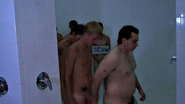 Straight stud public fucked in shower room for voyeur frat
