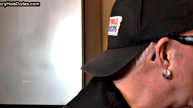 Gloryhole DILF sucks cock in homemade closeup BJ