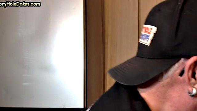 Gloryhole DILF sucks cock in homemade closeup BJ