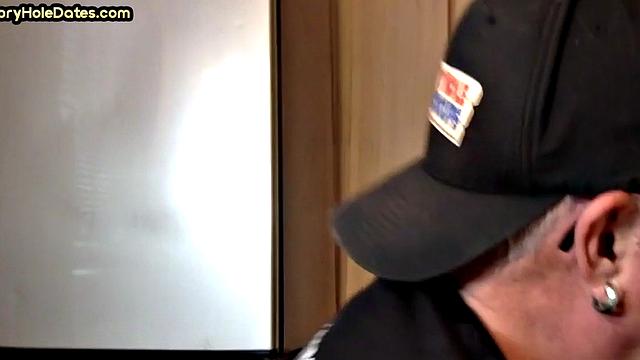 Gloryhole DILF sucks cock in homemade closeup BJ