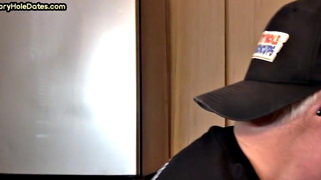 Gloryhole DILF sucks cock in homemade closeup BJ