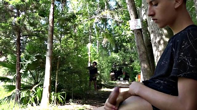 In an outdoor setting, Alan discovers Wilson masturbating and moves in to help the boy. After stroking his stiff dick, the Latin twinks strip naked and Alan goes down on his skinny and smooth friend.