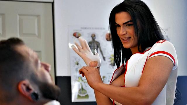 Uniformed trans nurse riding bareback cock in uniform