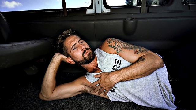 College guy in uniform goes gay in van with jock for money