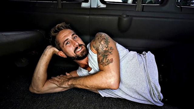 College guy in uniform goes gay in van with jock for money